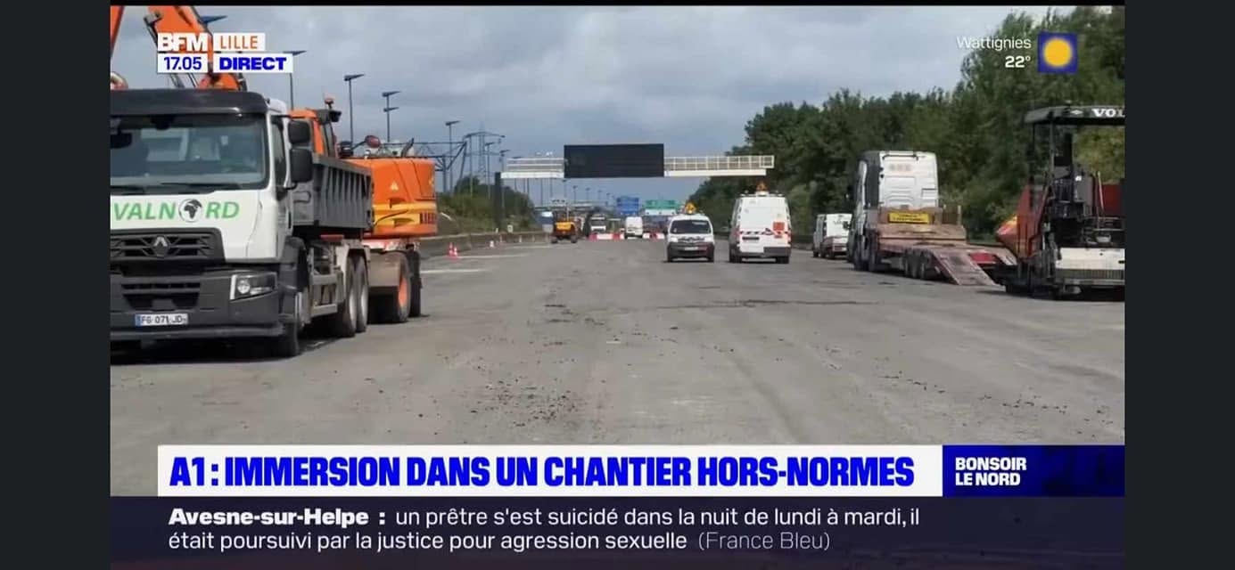 Le camion Revalnord sur le chantier de l’A1, dans le reportage de BFM Grand Lille.