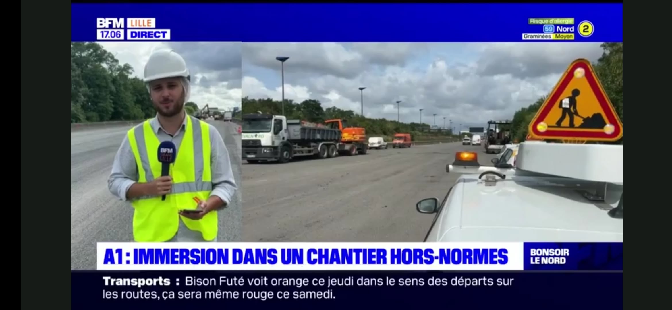 Le chantier de l’A1 et le camion Revalnord à l’arrière-plan du reportage de BFM Grand Lille.